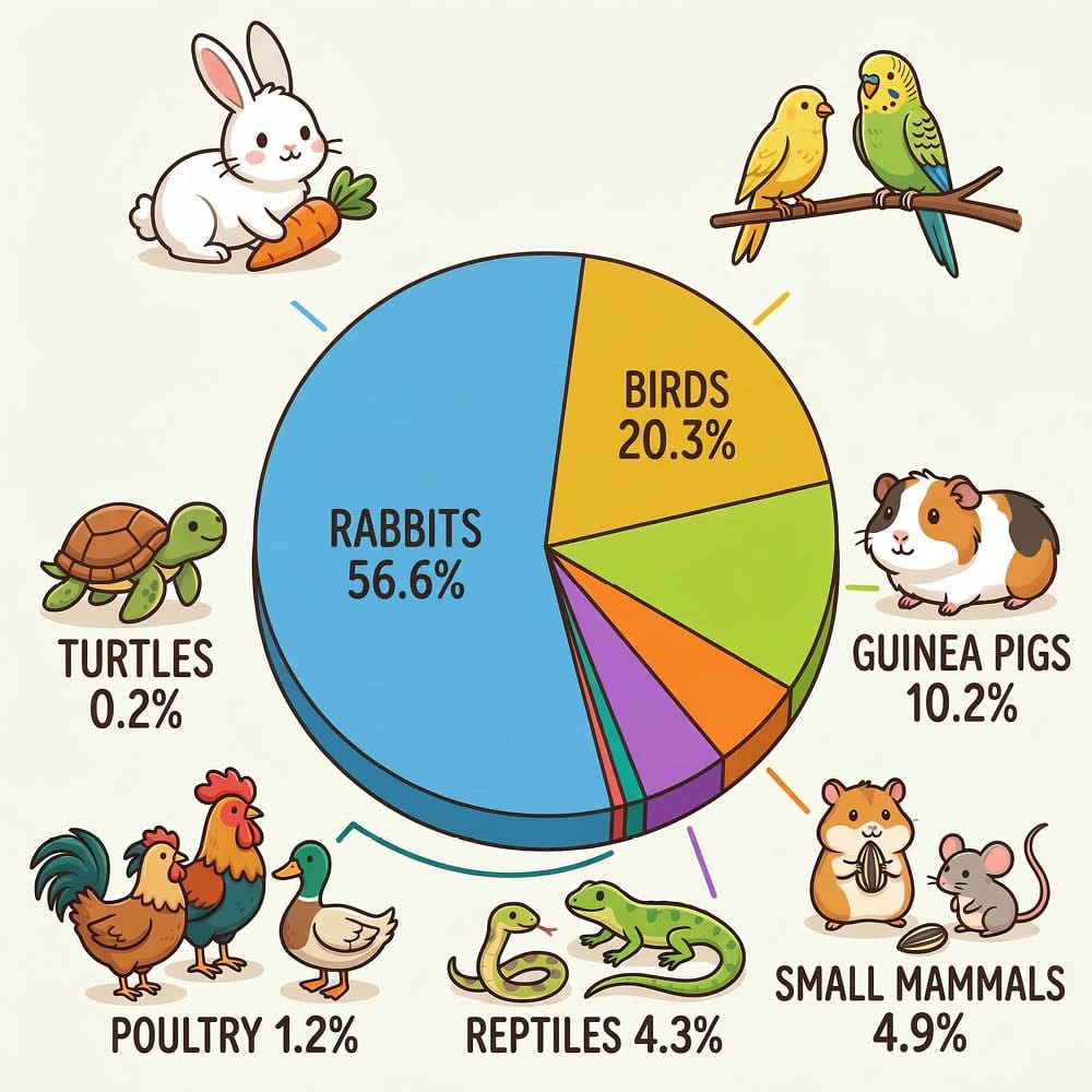 Pie chart showing exotic pet ownership breakdown: rabbits 56.6%, birds 20.3%, guinea pigs 10.2%, small mammals 4.9%, reptiles 4.3%, poultry 1.2%, turtles 0.2%, with illustrated animals around the chart.